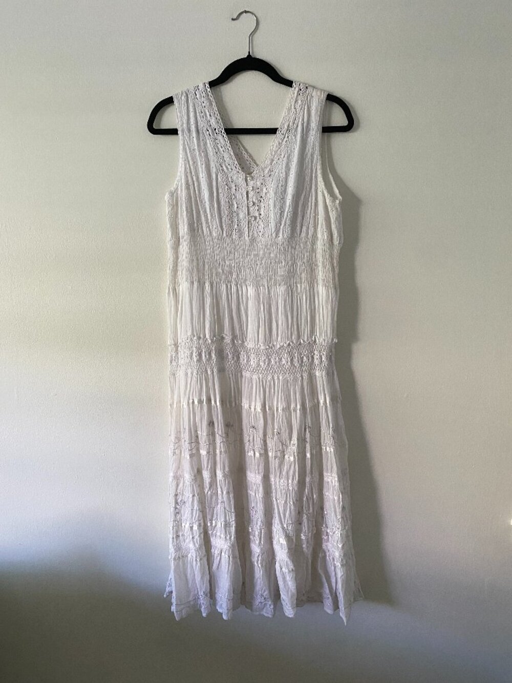 Vintage y2k White 100% Cotton Tiered Lace Boho Peasant Dress Pearl Crochet L